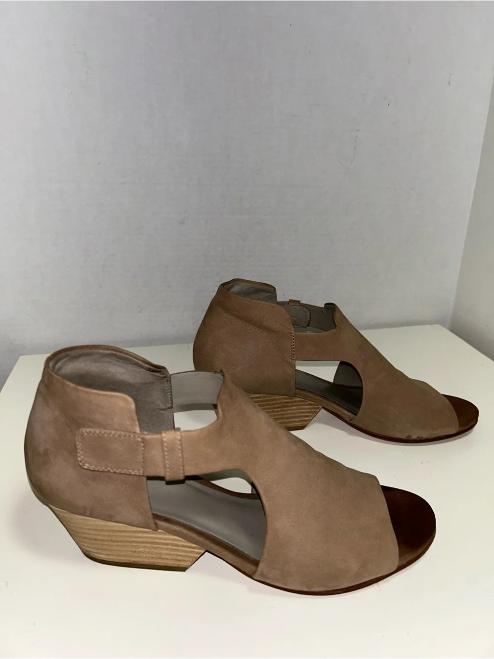 Eileen Fisher Tan Nubuck Peep Toe Cutout Wedge Heel Bootie Sandal